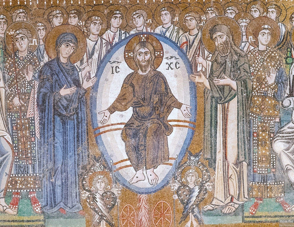 The famous late 11th-to-12th-century Last Judgment mosaic located on the west wall inside the Basilica of Santa Maria Assunta on the island of Torcello, Venice, Italy.