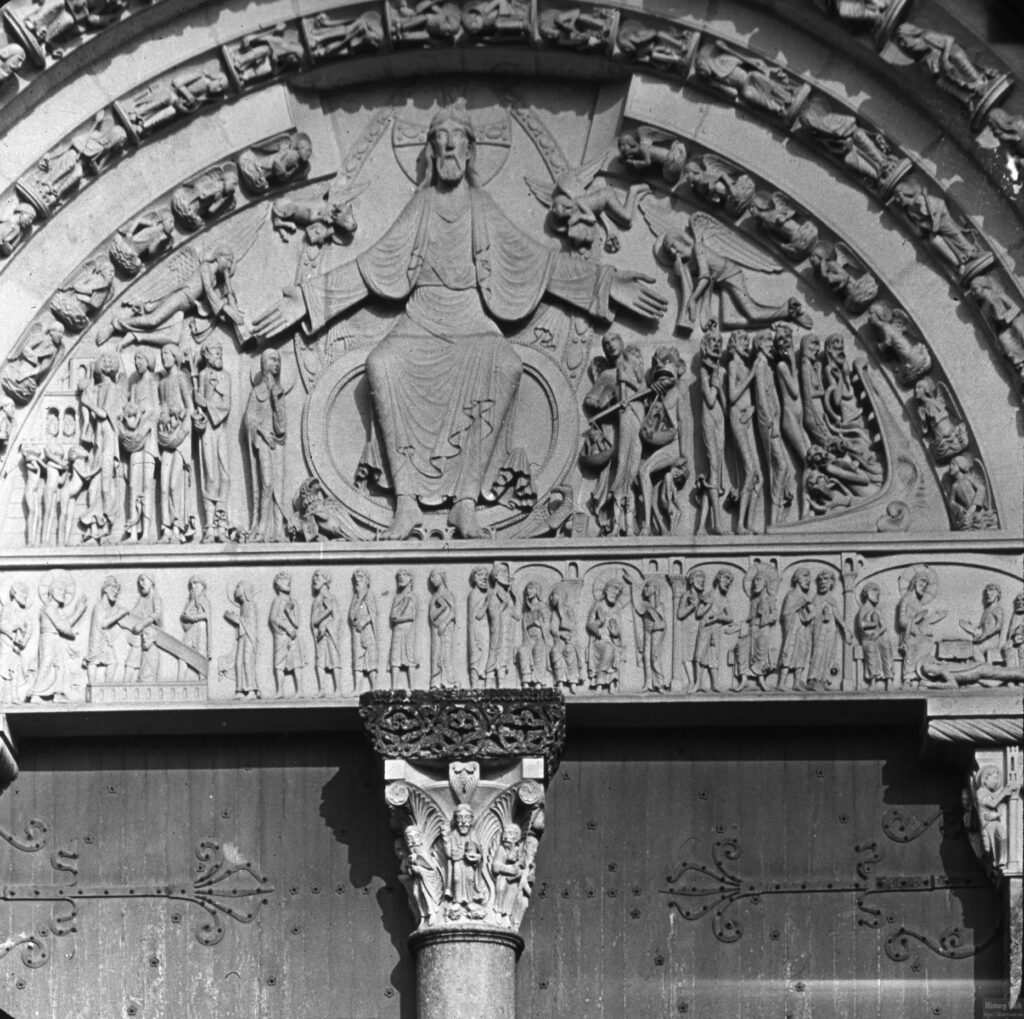 The central narthex portal tympanum of Vézelay Abbey (the Basilica of Sainte-Marie-Madeleine) in Burgundy, France.