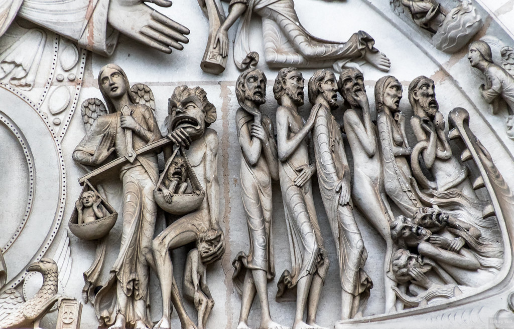 Weighing of Souls and the Damned from the outer western tympanum of the Basilica of Sainte-Marie-Madeleine in Vézelay, France.